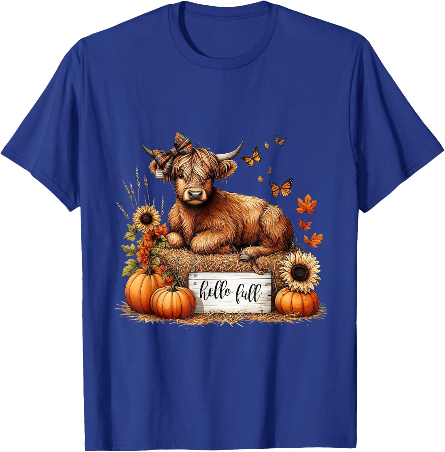 Hello Fall Pumkin Highland Cow Fall Autumn Thanksgiving T-Shirt - T-Shirt | Royal