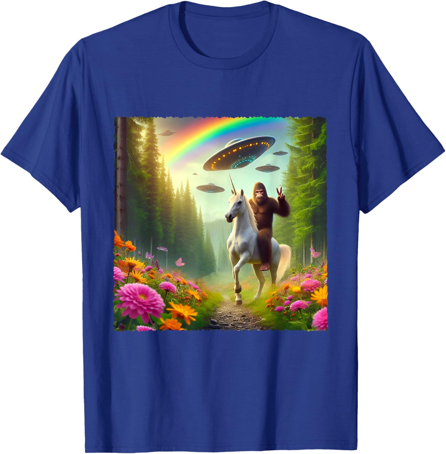 Bigfoot Riding Unicorn Bigfoot Selfie with UFOs Weird Selfie T-Shirt - T-Shirt | Royal