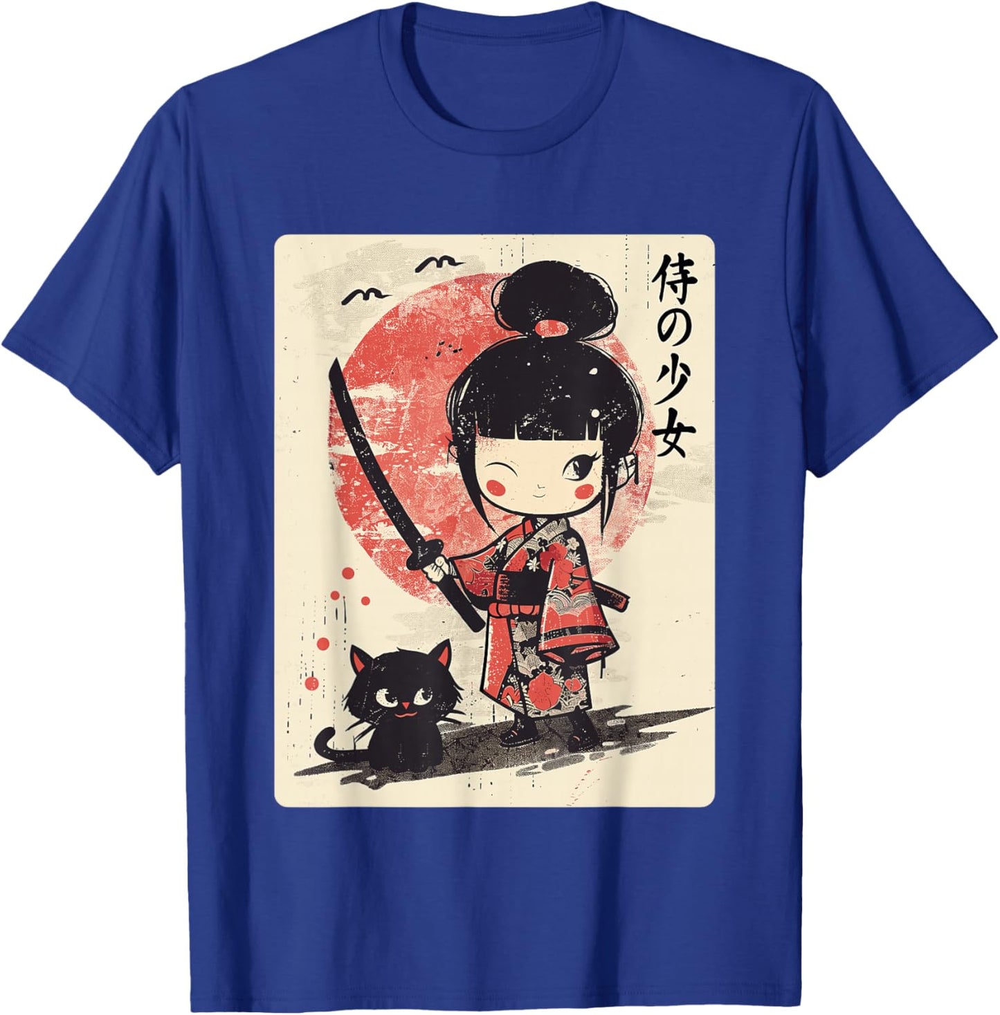 Cute Kawaii Samurai Girl with Katana & Cat Japanese Anime T-Shirt - T-Shirt | Royal