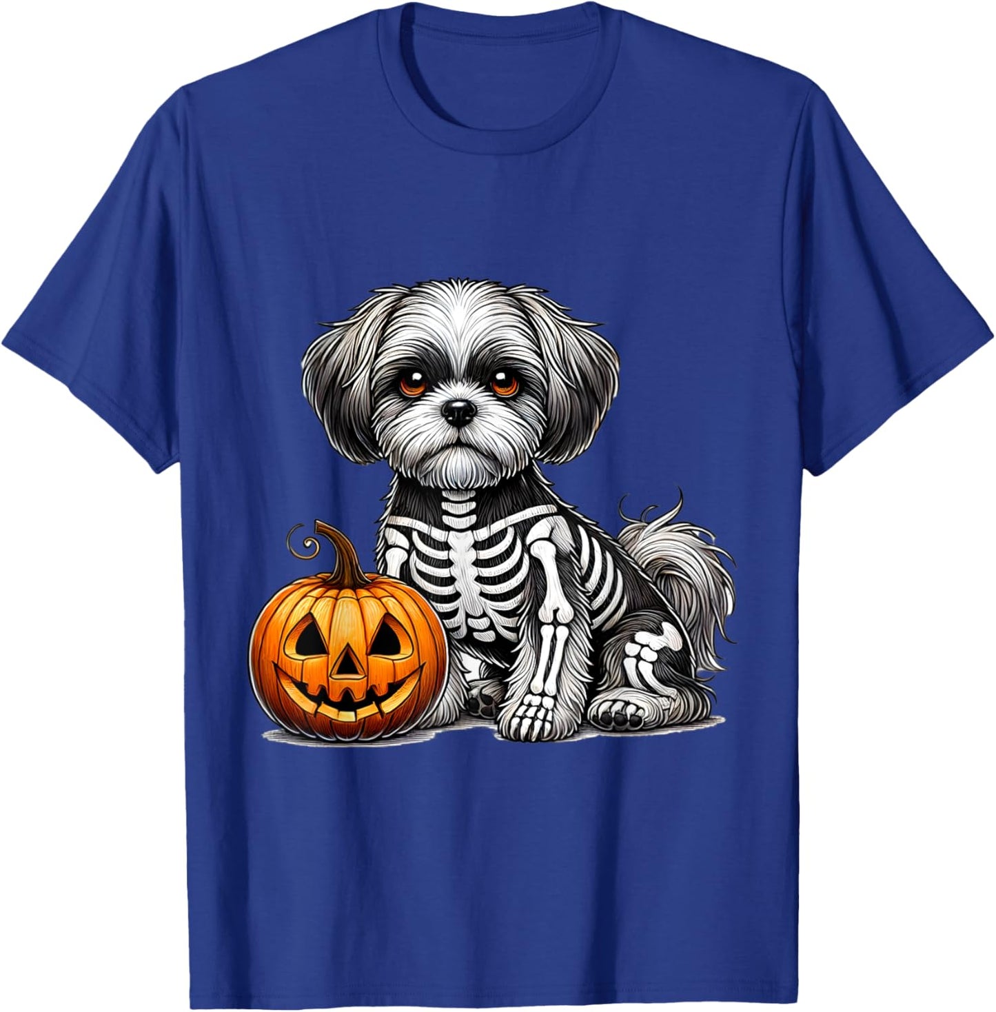 Shih Tzu Skeleton Jack O Lantern Funny Dog Halloween T-Shirt - T-Shirt | Royal