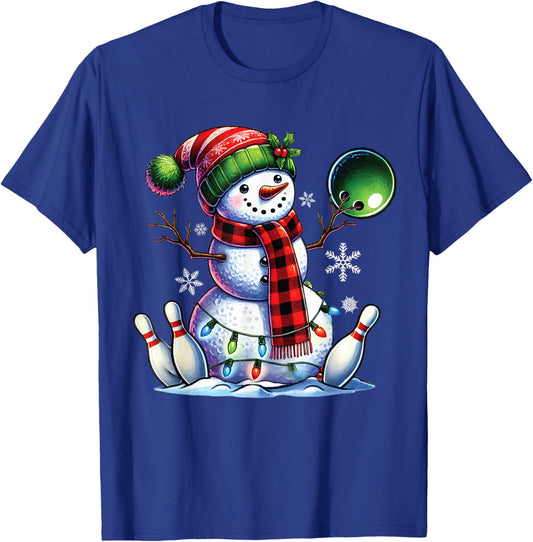 Xmas Snowman Playing Bowling ball and pins Christmas bowling T-Shirt - T-Shirt | Royal