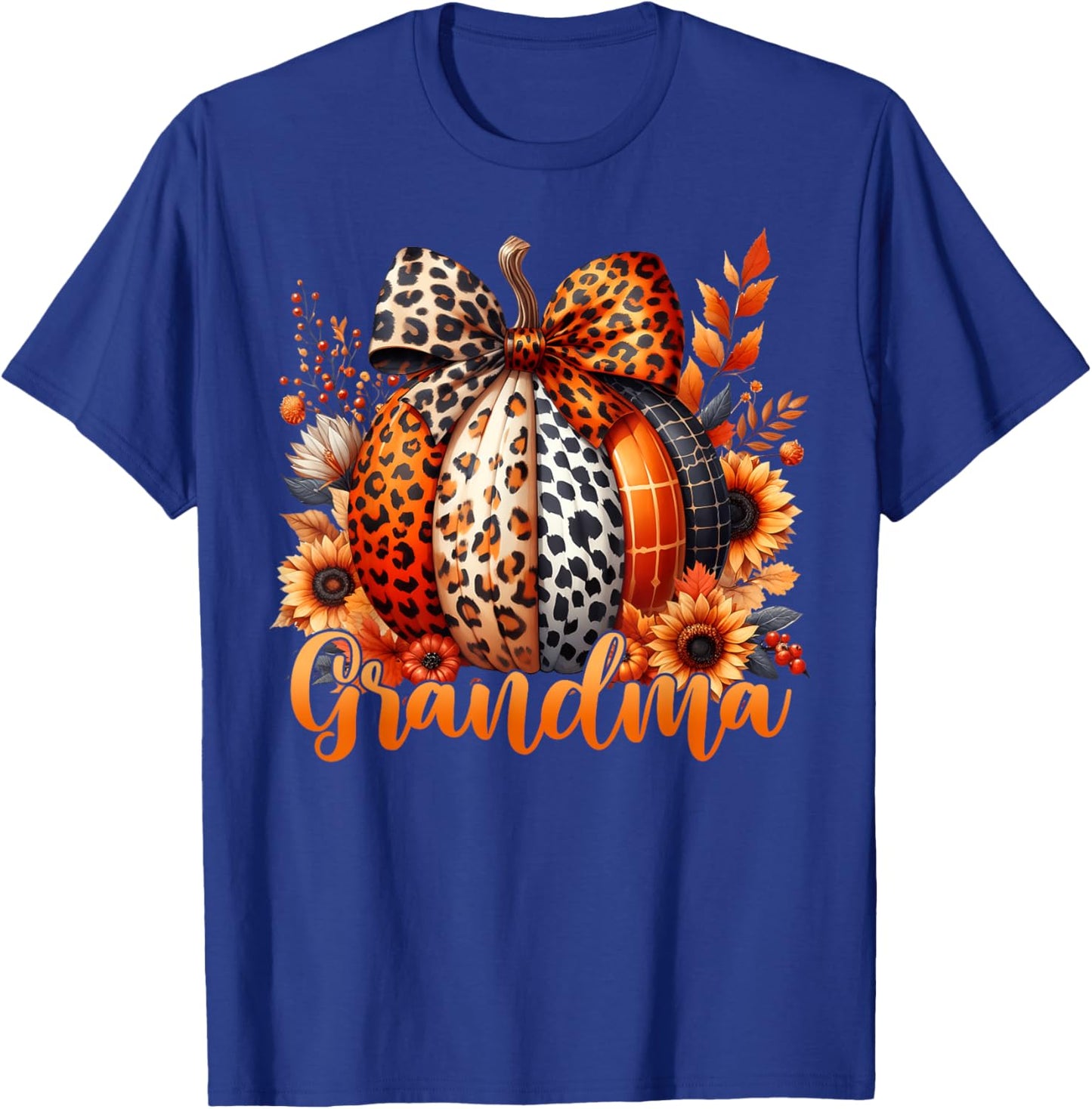 Grandma Thanksgiving Leopard Pumpkin Sunflower Coquette Bow T-Shirt - T-Shirt | Royal