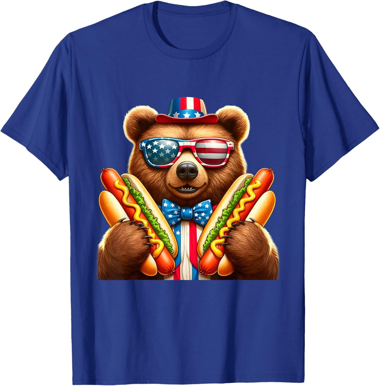 Hotdog Bear Funny Patriotic Bear USA Flag Wiener 4th of july T-Shirt - T-Shirt | Royal