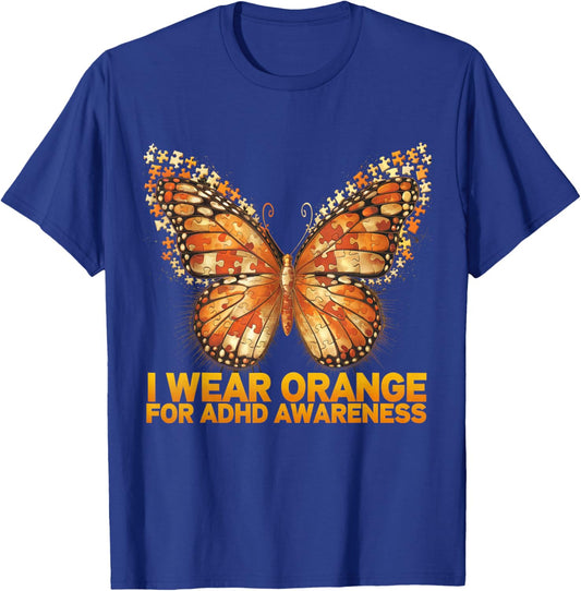 ADHD Awareness Month ADHD Orange butterfly Neurodiversity T-Shirt - T-Shirt | Royal