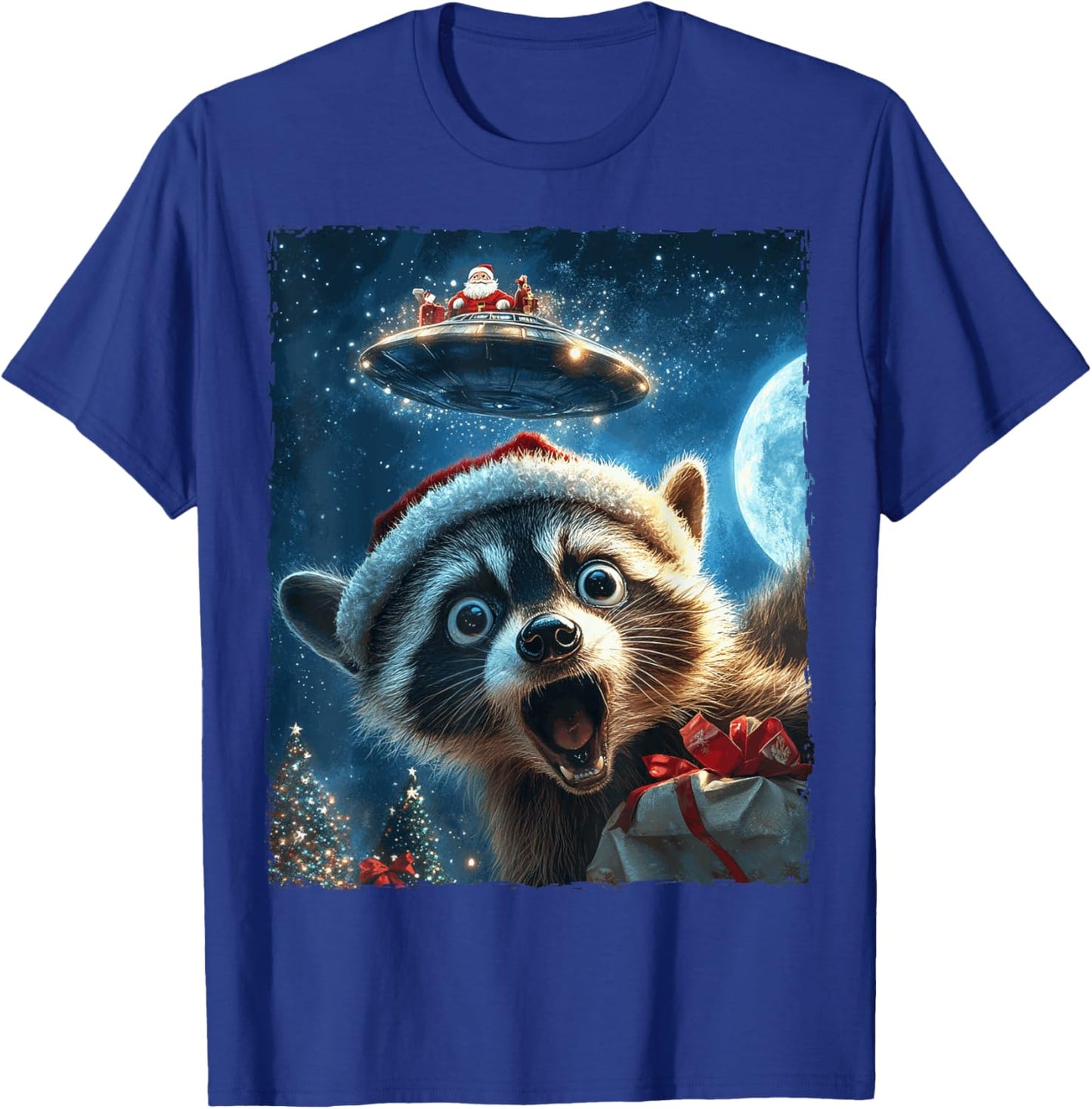 Funny Raccoon Selfie Santa Ufo Xmas Christmas T-Shirt - T-Shirt | Royal