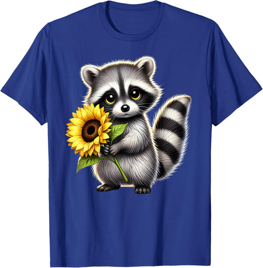 Raccoon Holding Sunflower Cute Flower Mothers Day T-Shirt - T-Shirt | Royal