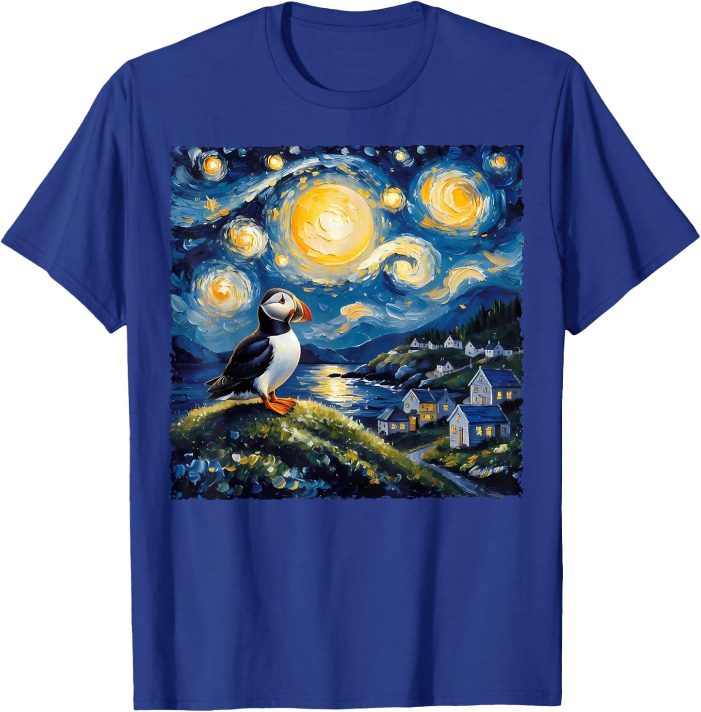 Van Gogh Style Funny Puffin Lover The Starry Night Painting T-Shirt - T-Shirt | Royal