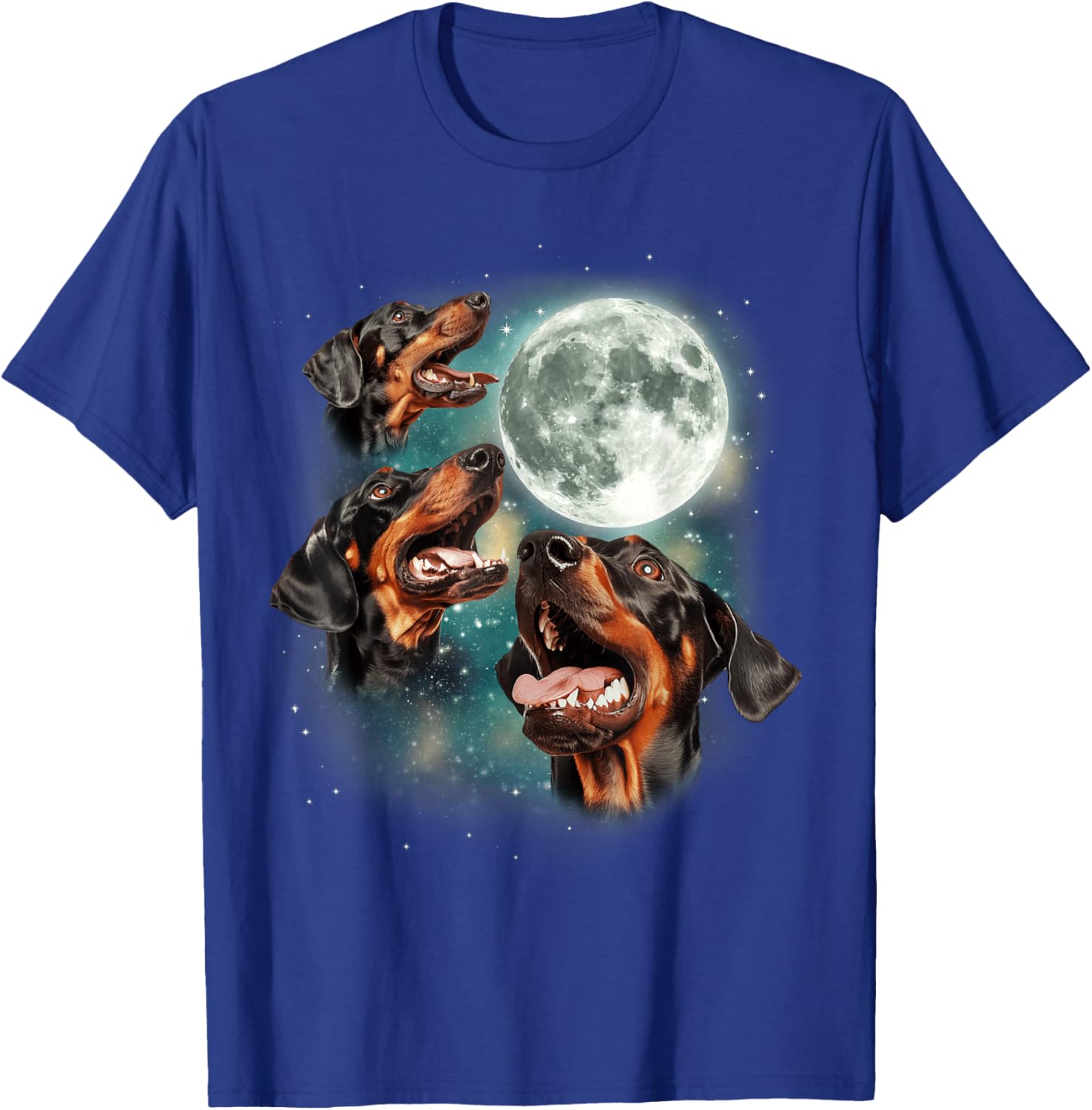 Three Doberman Pinscher Moon | 3 Dobies Howling Pet Canine T-Shirt - T-Shirt | Royal