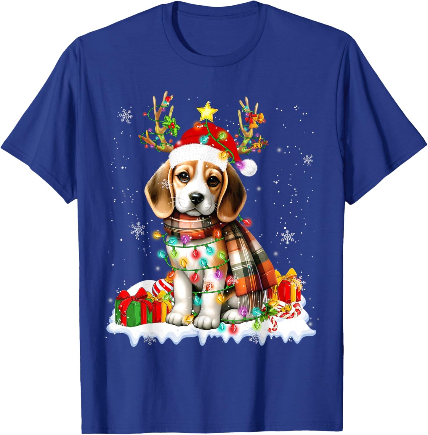 Santa Beagle Christmas Lights Funny Reindeer Dog Xmas 2026 T-Shirt - T-Shirt | Royal