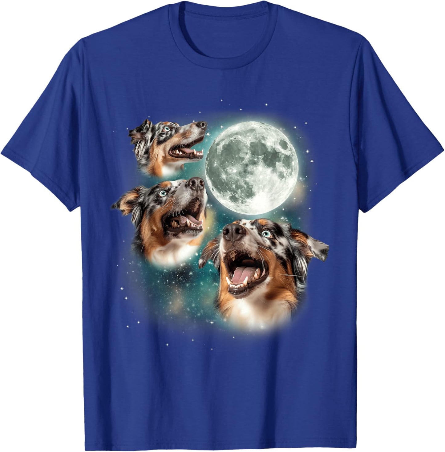 3 Australian Shepherds Moon | Three Aussies Howling Dog Meme T-Shirt - T-Shirt | Royal