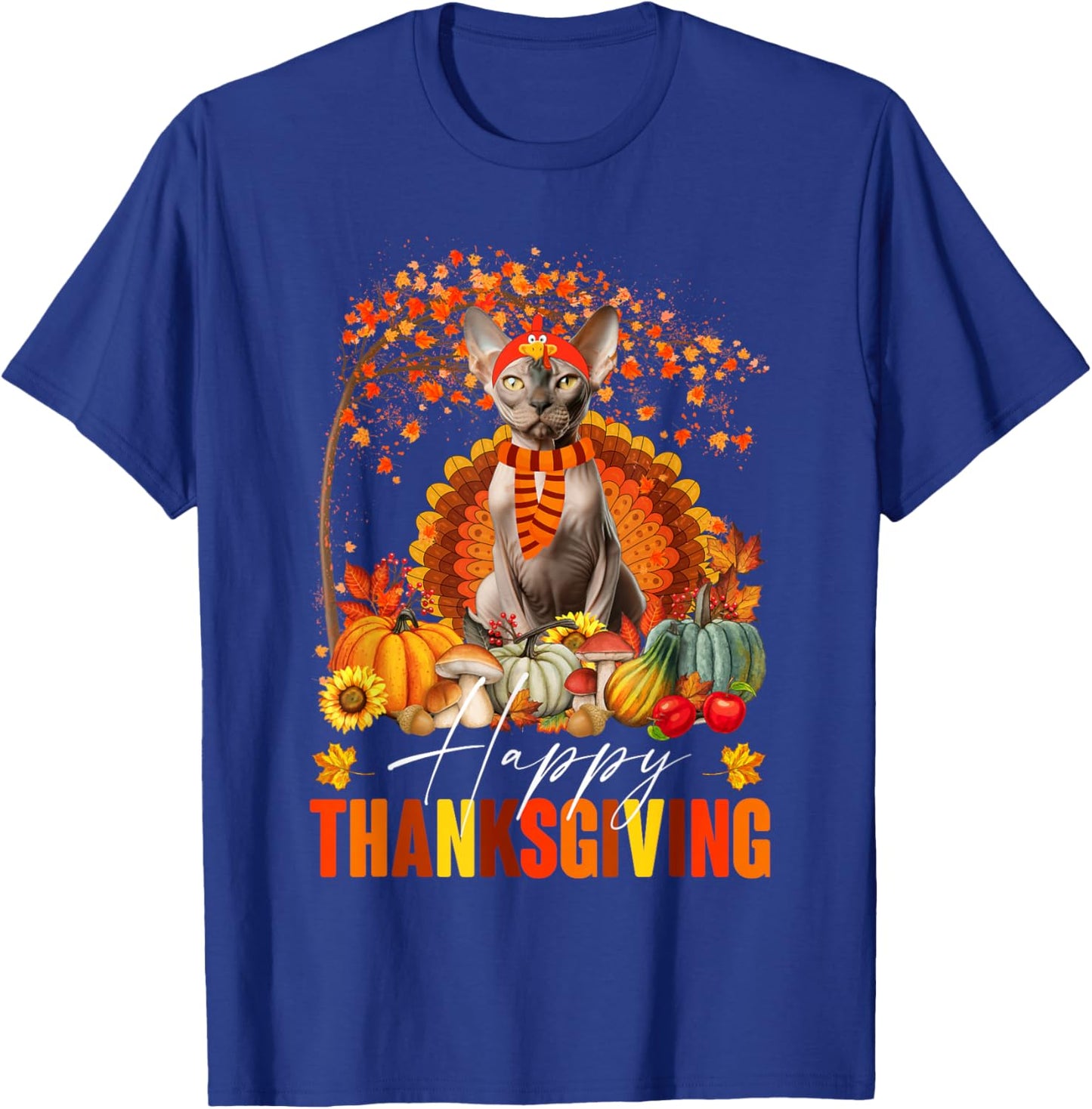 Funny Sphynx Cat In Turkey Costume Happy Thanksgiving Day T-Shirt - T-Shirt | Royal