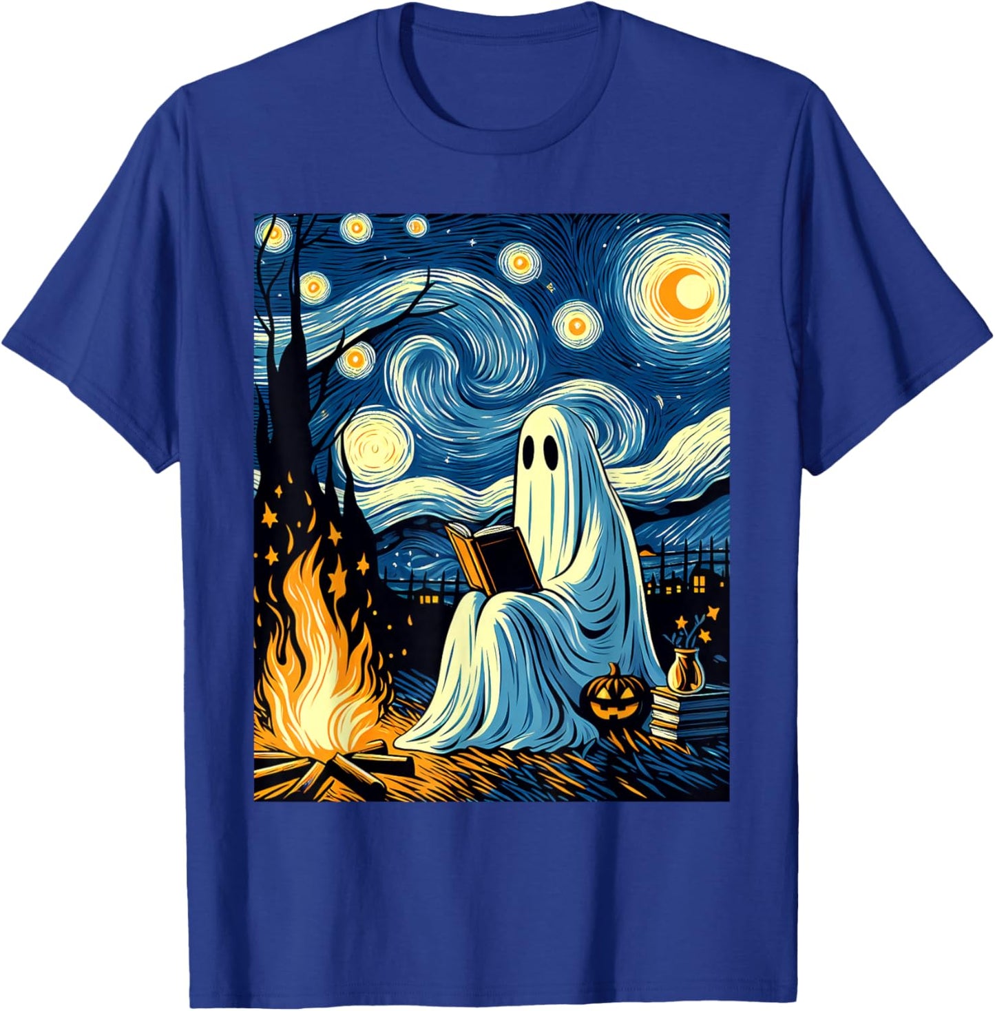 Ghost Book Reading Camping Halloween Van Gogh Starry Night T-Shirt - T-Shirt | Royal