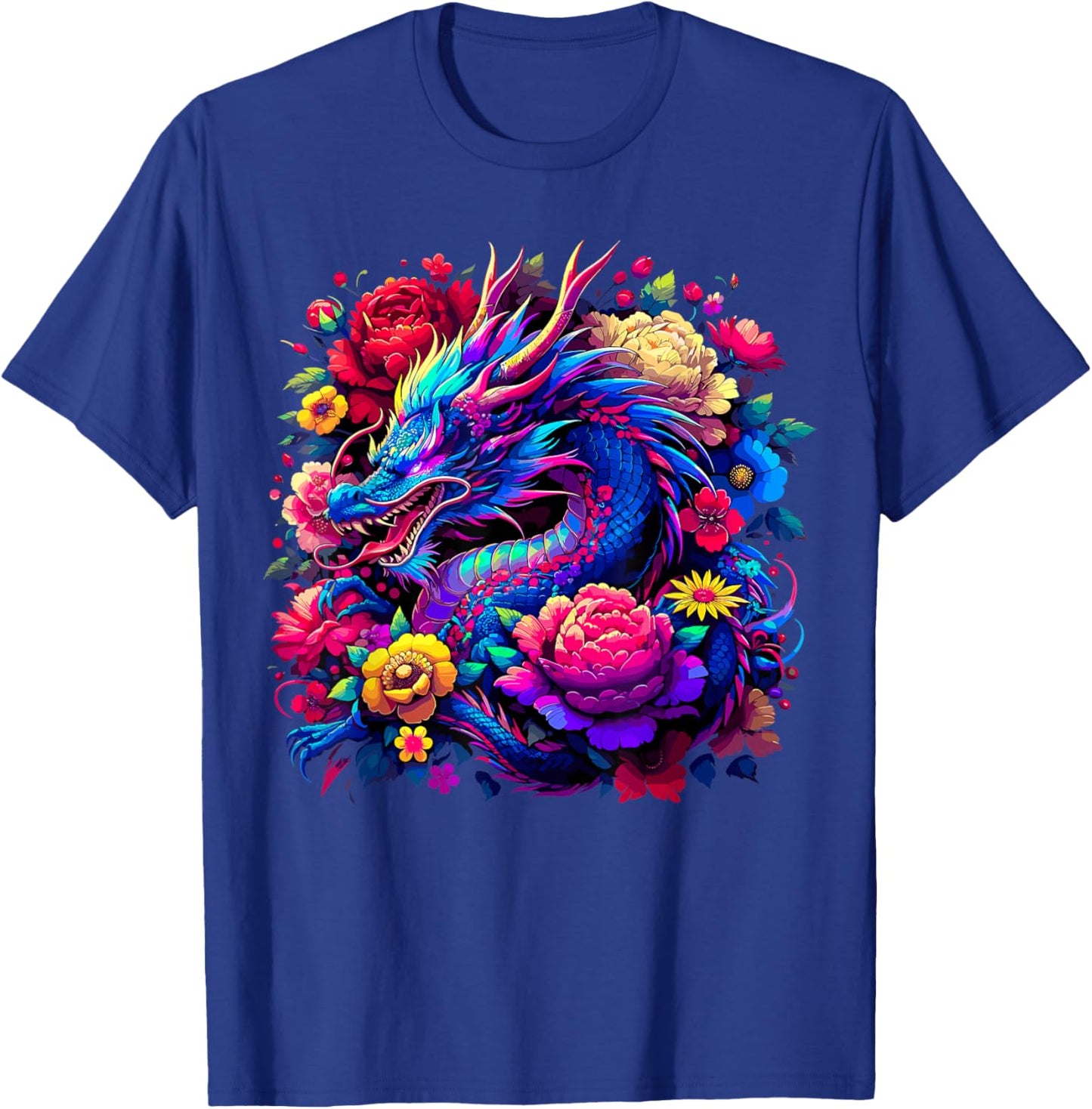Dragon Flowers Beautiful Art Colorful T-Shirt - T-Shirt | Royal