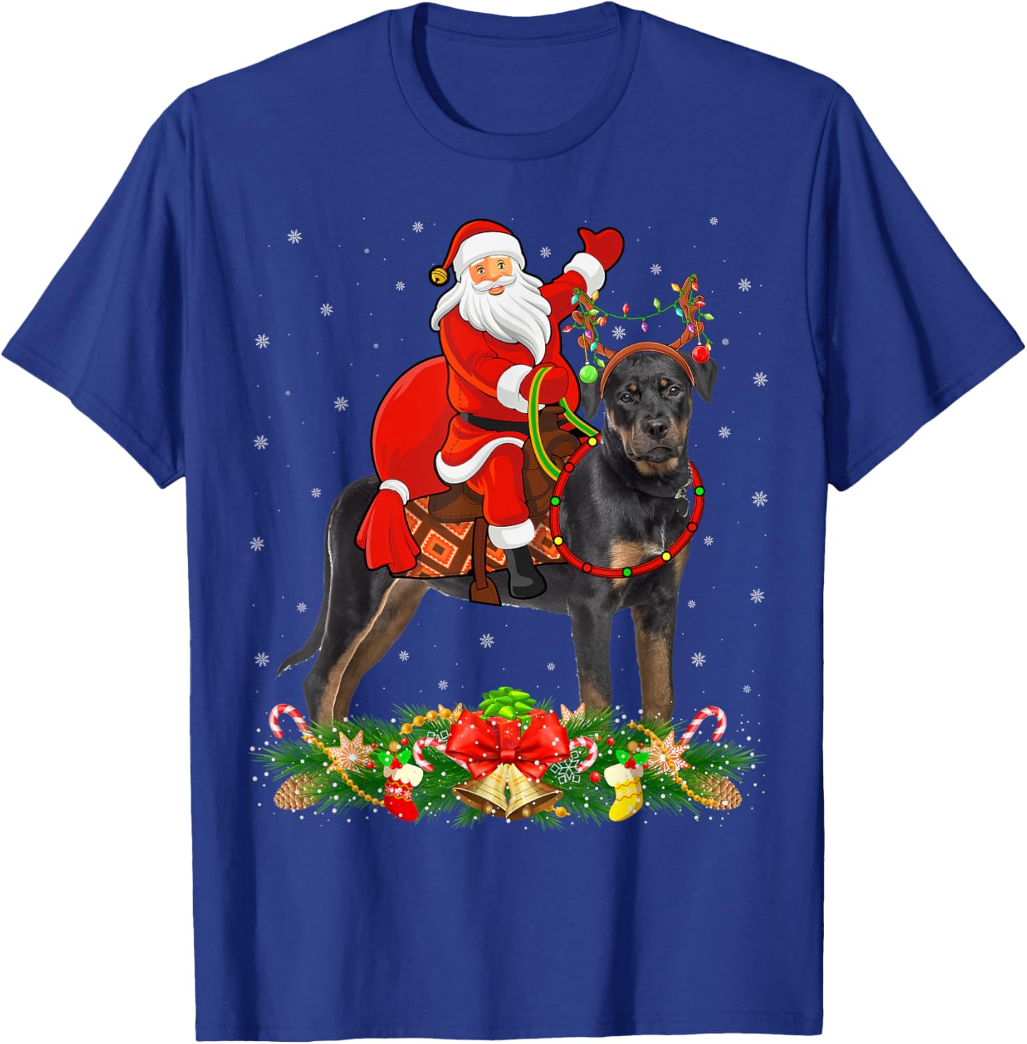 Xmas Decor Funny Santa Riding Rottweiler Dog Christmas T-Shirt - T-Shirt | Royal