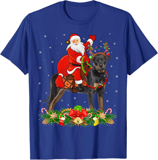 Xmas Decor Funny Santa Riding Rottweiler Dog Christmas T-Shirt - T-Shirt | Royal