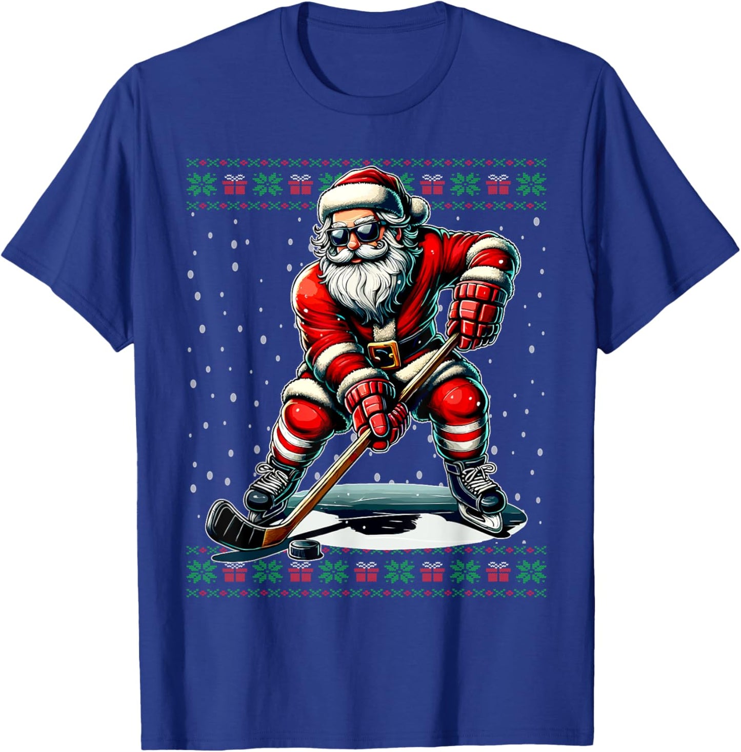 Santa Claus Playing Hockey Ugly Christmas Sweater T-Shirt - T-Shirt | Royal