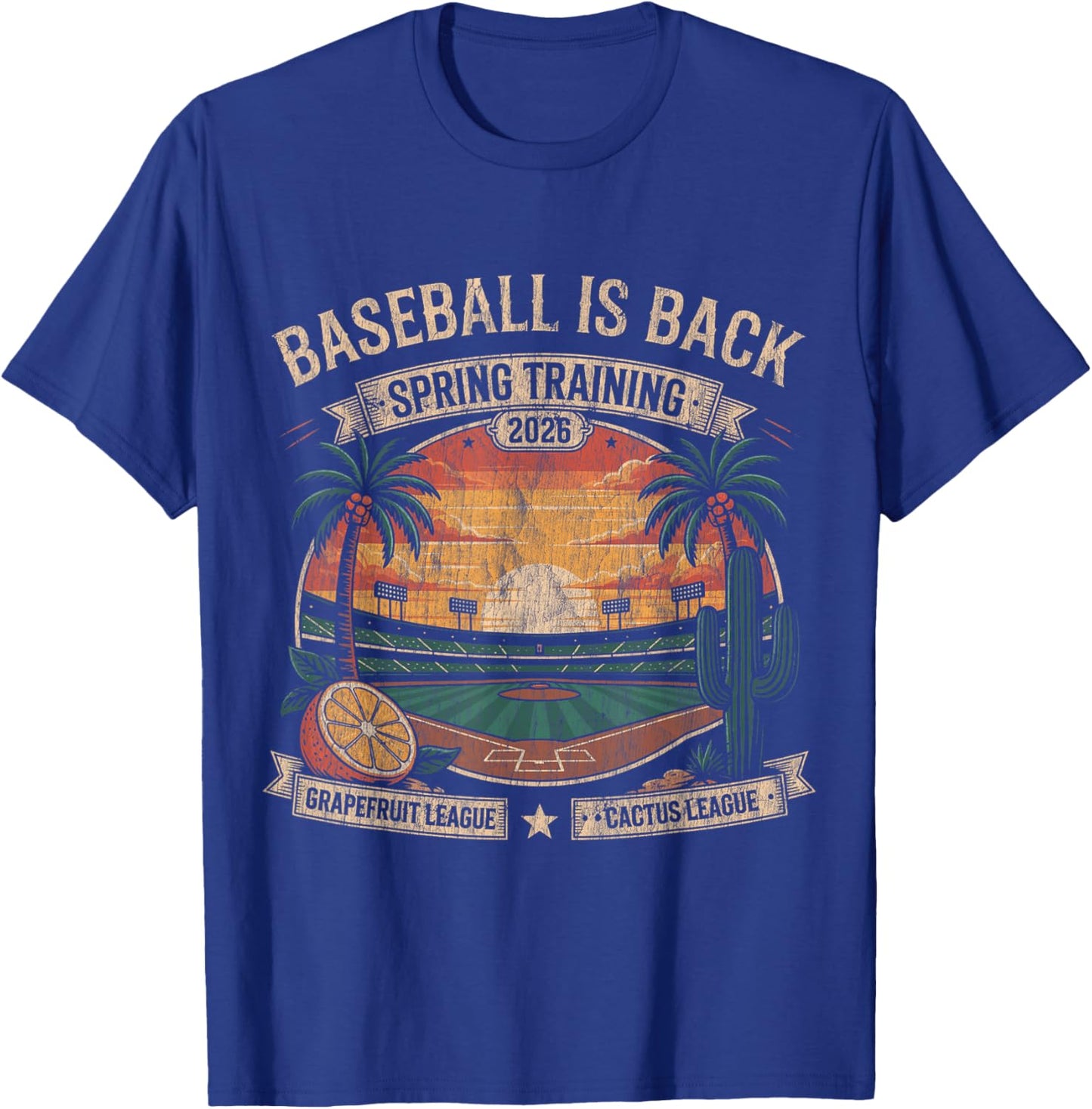 Spring Training Baseball is Back 2026 Retro Stadium Sunset T-Shirt - T-Shirt | Royal