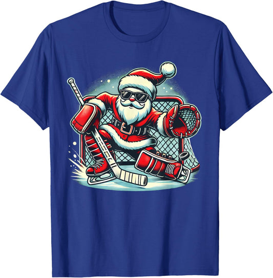 Funny Santa Playing Ice Hockey Lovers Boys Girls Christmas T-Shirt - T-Shirt | Royal