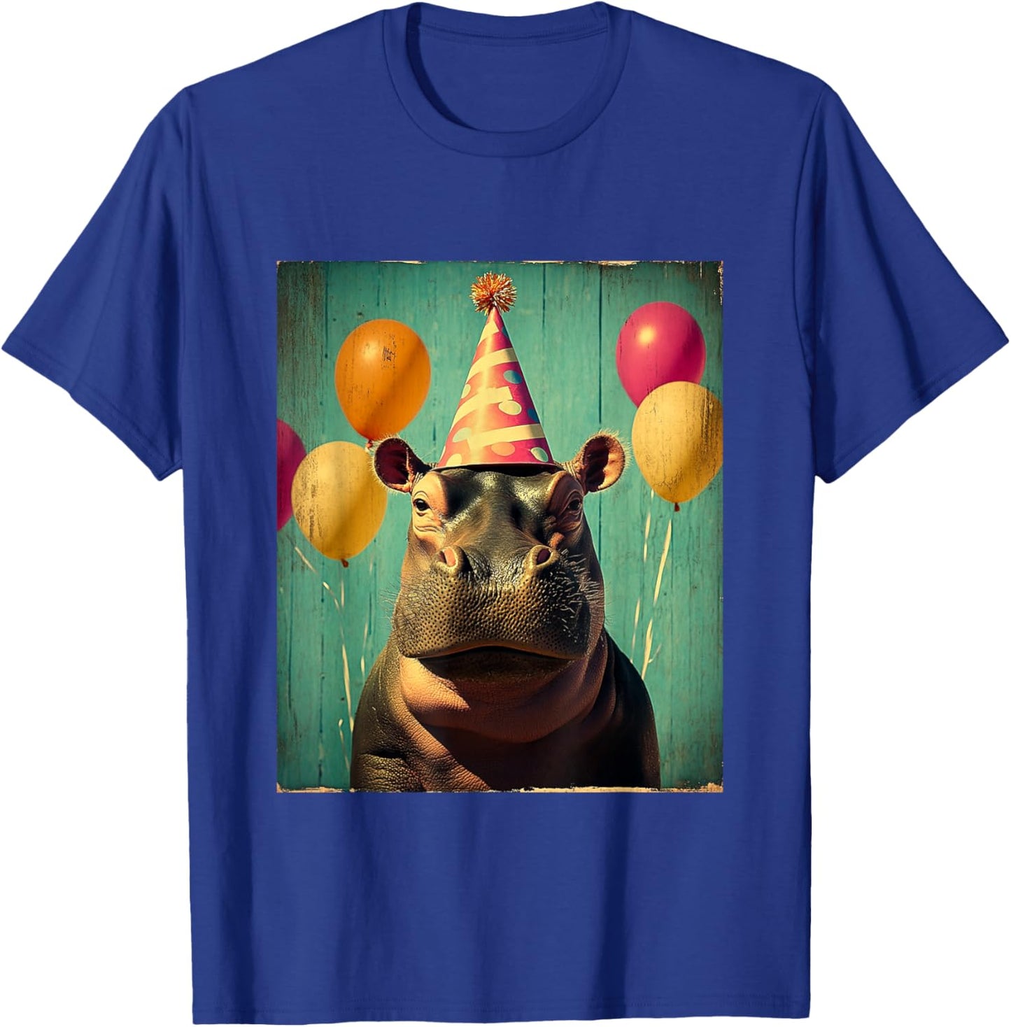 Hippo Retro Art Print Birthday Party Balloons & Party Hat T-Shirt - T-Shirt | Royal