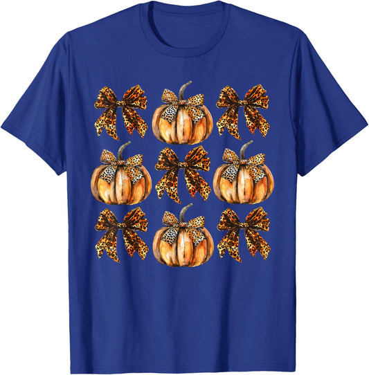 Leopard Coquette Bow Pumpkin Thanksgiving Autumn Fall Leaves T-Shirt - T-Shirt | Royal