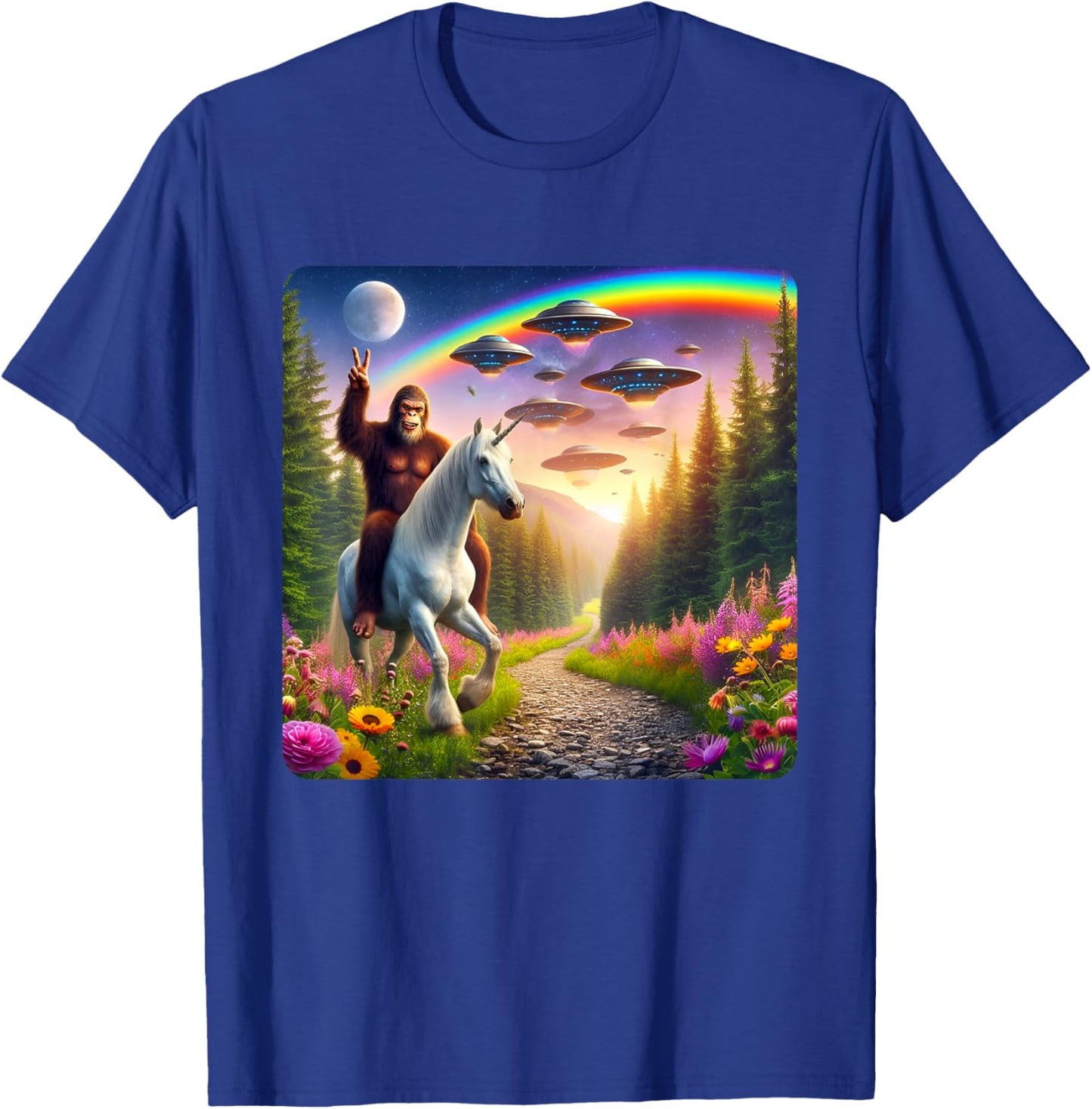 Bigfoot Riding Unicorn Funny Bigfoot Unicorn Selfie UFO T-Shirt - T-Shirt | Royal