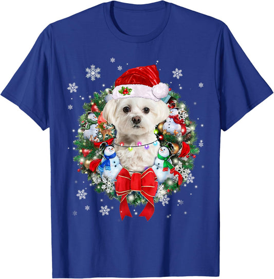 Maltese Christmas Wreath Decoration Xmas Pajamas T-Shirt - T-Shirt | Royal