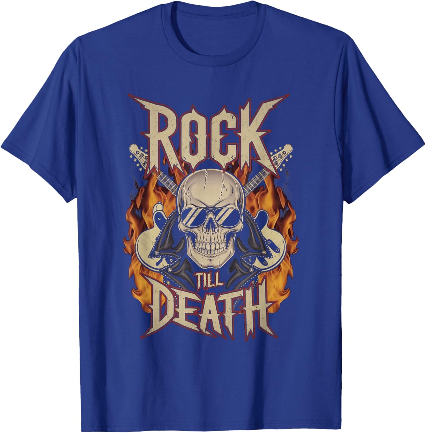 Skull and Flames Rock Till Death T-Shirt - T-Shirt | Royal