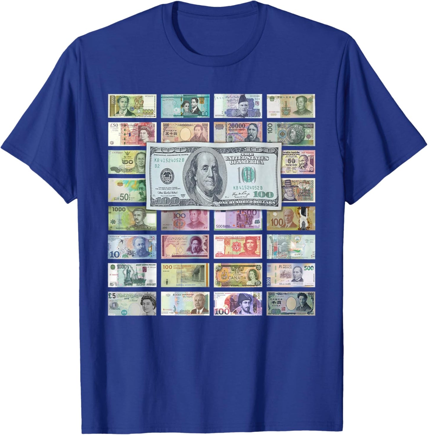 Global Currencies, World Money & 100 Dollar Bill Design T-Shirt - T-Shirt | Royal
