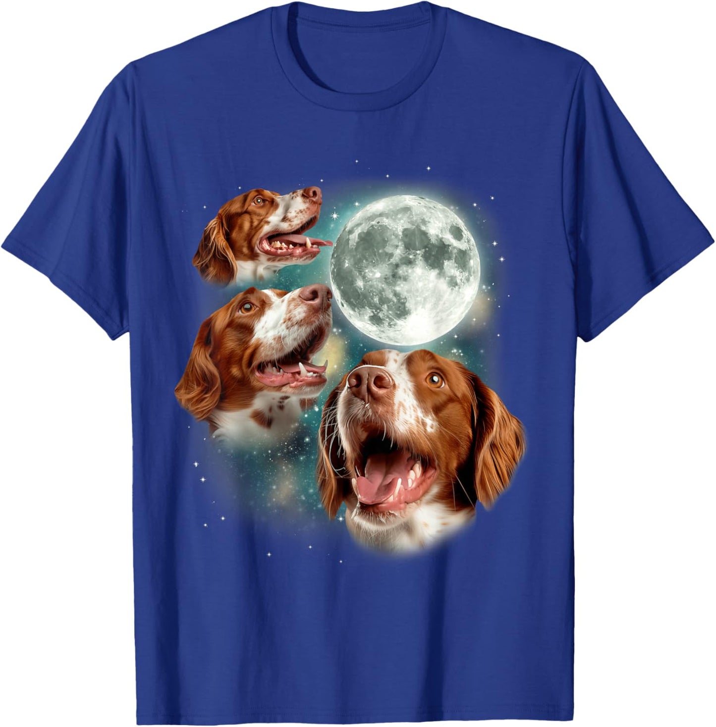 Three Brittany Spaniel Moon | 3 Spaniels Howling at Moon Dog T-Shirt - T-Shirt | Royal