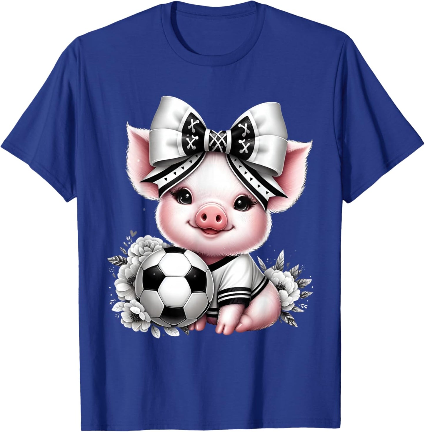 Cute Pig Black & White Soccer Coquette Bow Soccer Player Pig T-Shirt - T-Shirt | Royal