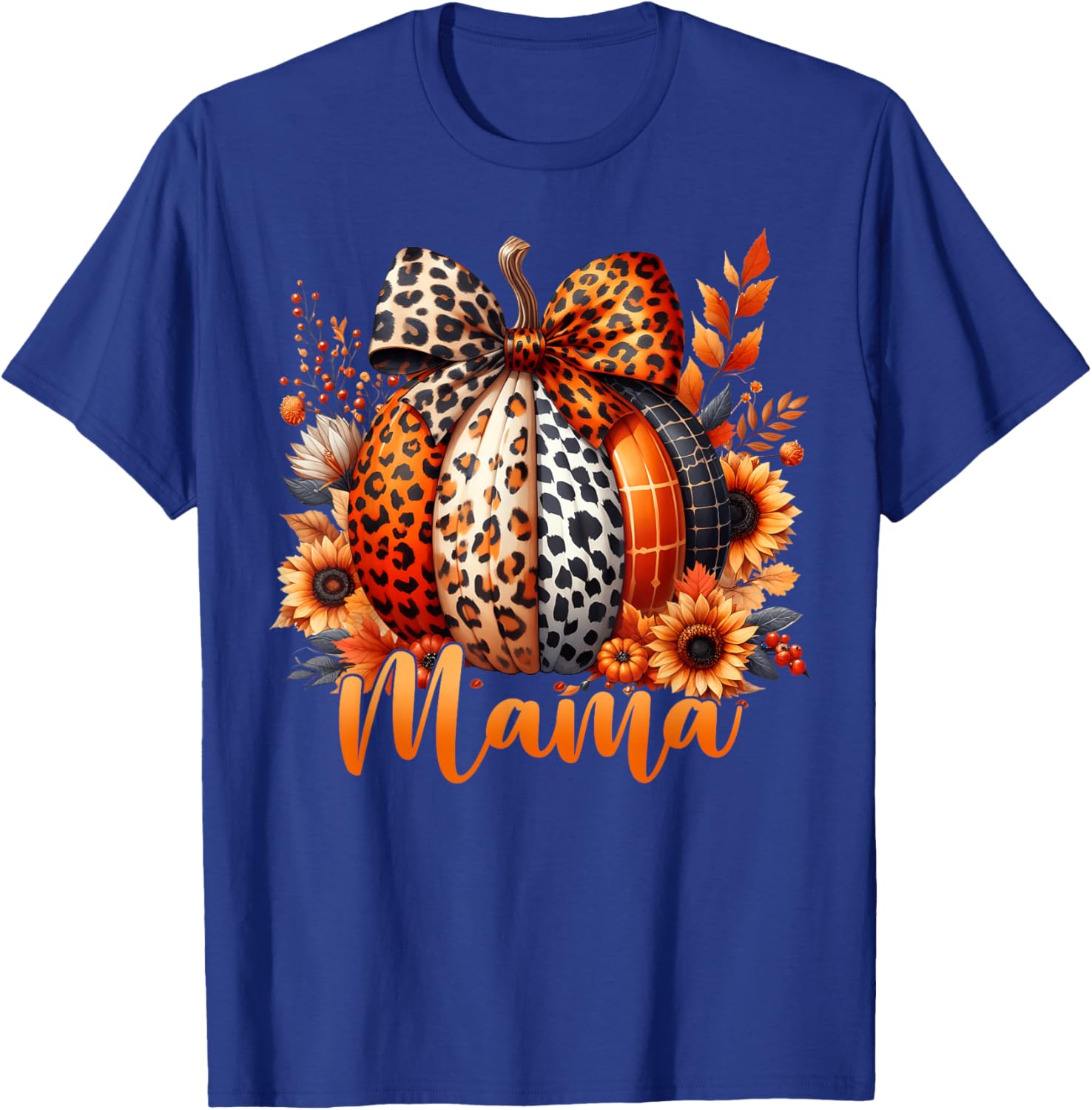 mama Thanksgiving Leopard Pumpkin Sunflower Coquette Bow T-Shirt - T-Shirt | Royal
