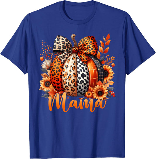 mama Thanksgiving Leopard Pumpkin Sunflower Coquette Bow T-Shirt - T-Shirt | Royal