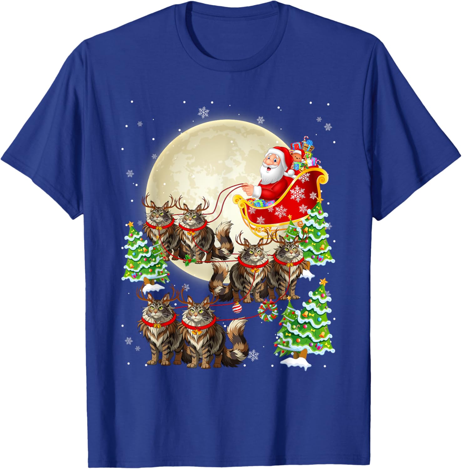 Funny Maine Coon Cat Reindeer Santa Sleigh Merry Christmas T-Shirt - T-Shirt | Royal