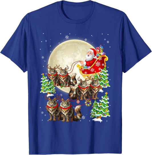 Funny Maine Coon Cat Reindeer Santa Sleigh Merry Christmas T-Shirt - T-Shirt | Royal