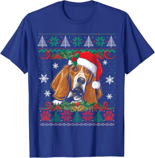 Basset Hound Christmas Ugly Sweater Funny Dog Lover Xmas T-Shirt - T-Shirt | Royal