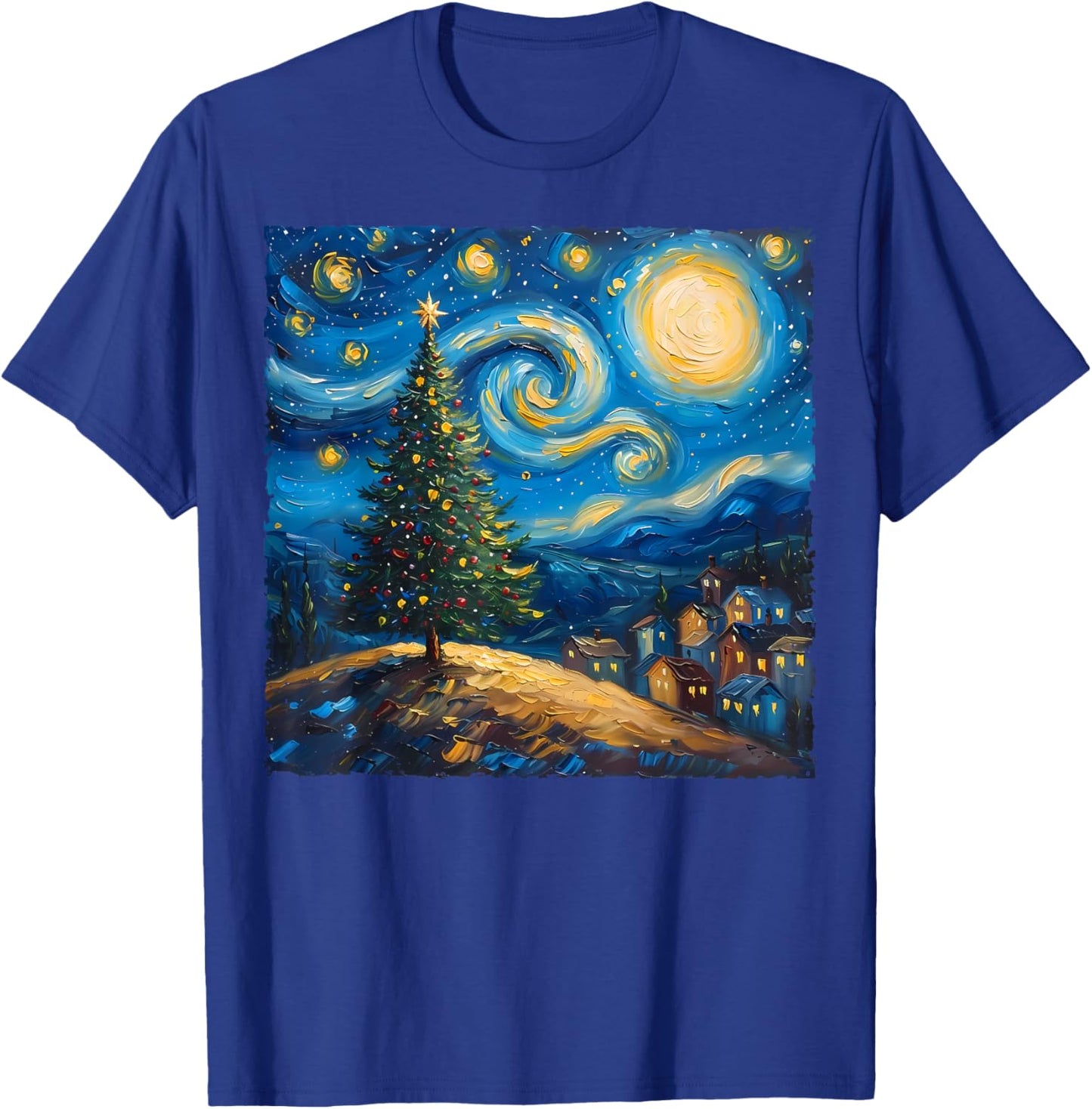 Van Gogh Style The Starry Night Christmas Tree Village Art T-Shirt - T-Shirt | Royal