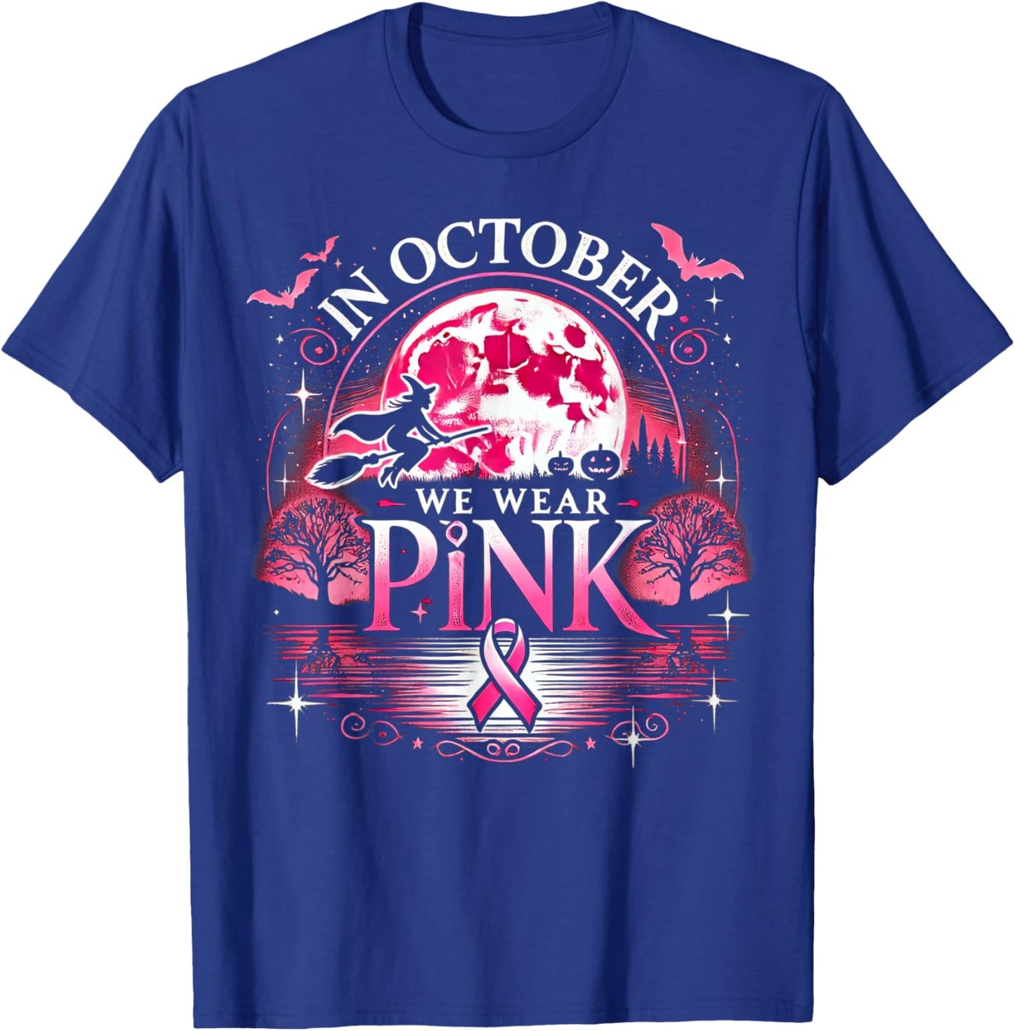 October We Wear Pink Witch Halloween Moon T-Shirt - T-Shirt | Royal
