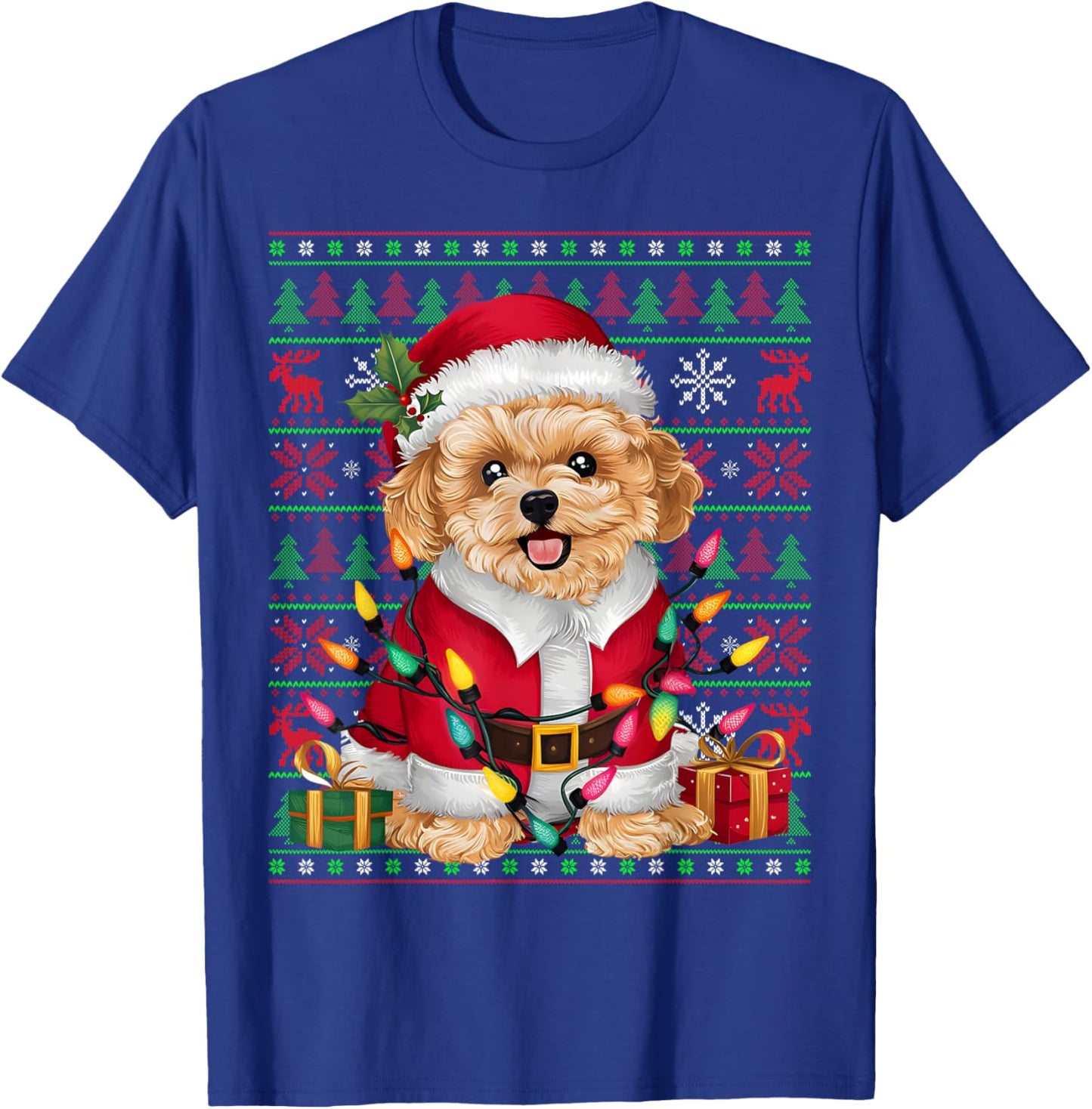 Maltipoo Dog Xmas Lights Ugly Santa Maltipoo Christmas T-Shirt - T-Shirt | Royal
