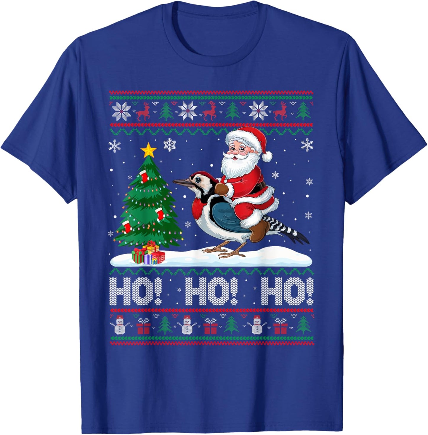 Xmas Tree Lighting Santa Riding Woodpecker Christmas T-Shirt - T-Shirt | Royal