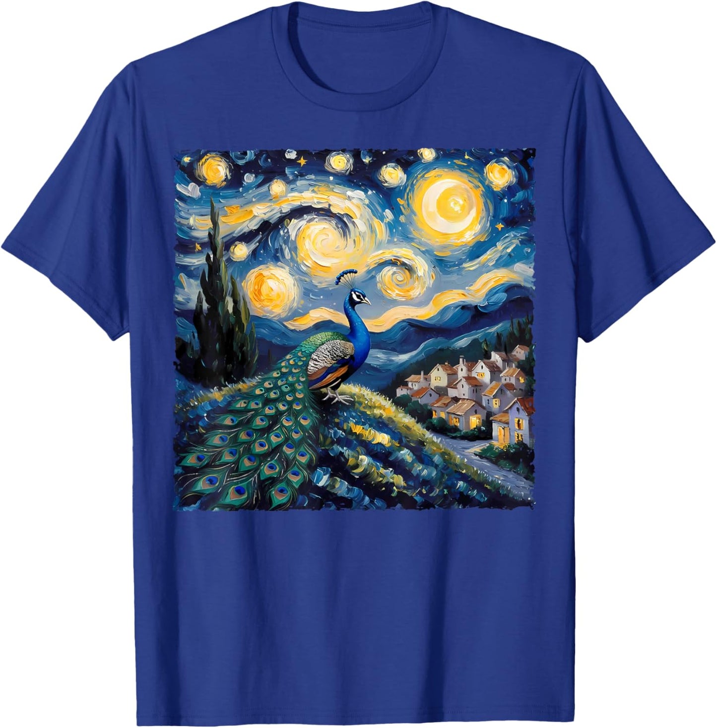 Van Gogh Style Funny Peacock Lover The Starry Night Painting T-Shirt - T-Shirt | Royal
