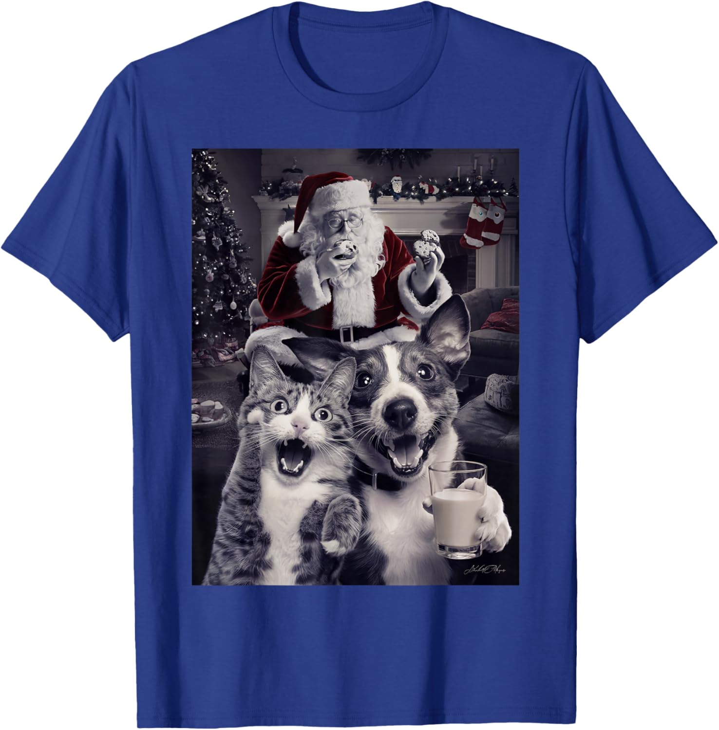 Funny Dog and Cat Selfie with Santa Christmas Men Women Girls Kids T-Shirt - T-Shirt | Royal