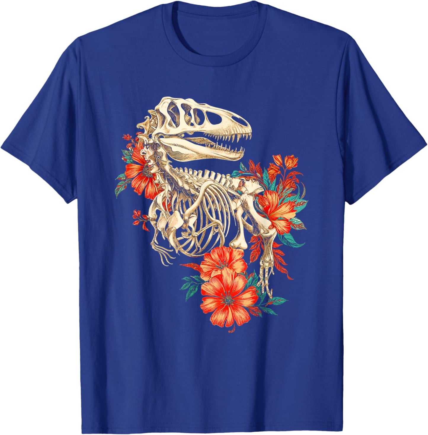 Rex Skeleton Bones Flowers Dino Paleontology Dinosaur T-Shirt - T-Shirt | Royal