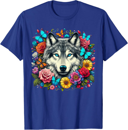 Wolf Animal With Flowers T-Shirt - T-Shirt | Royal