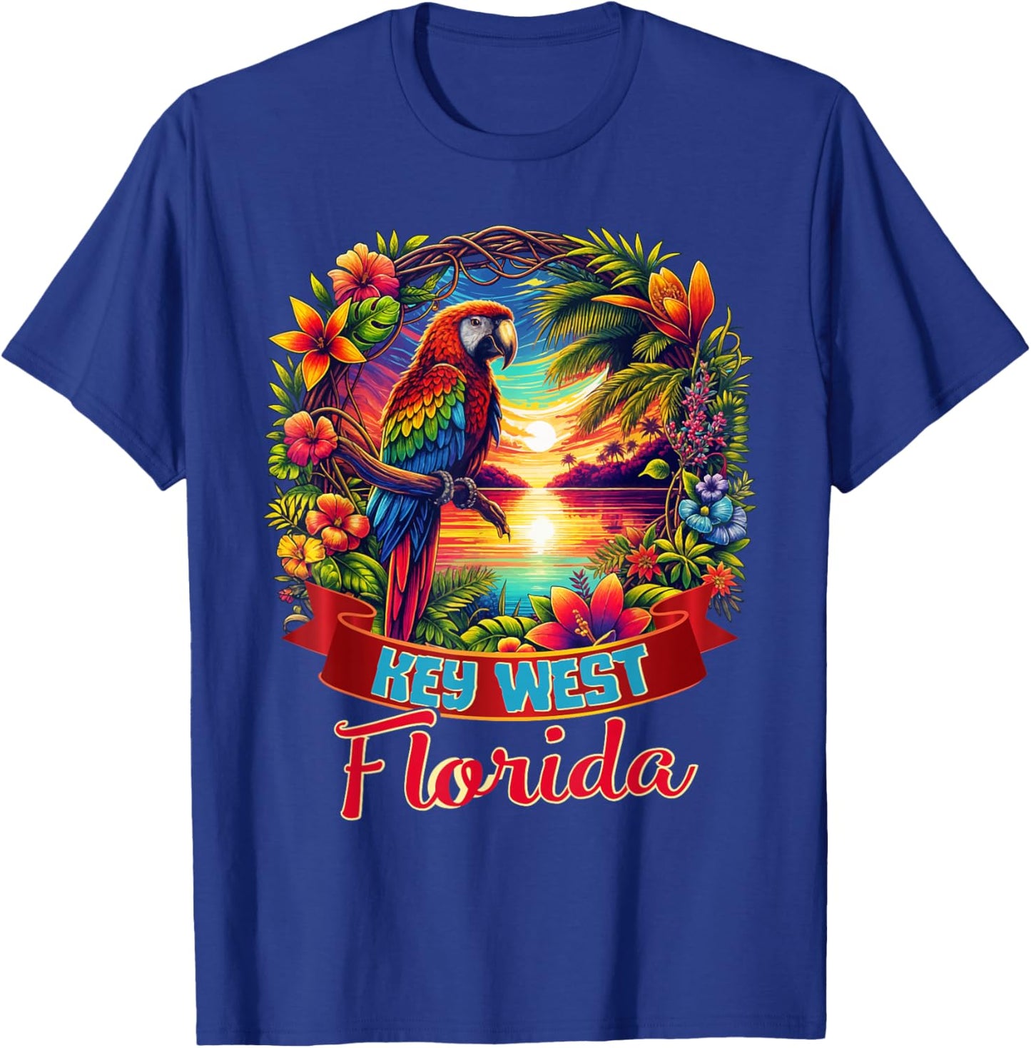 Key West Florida Shirt Parrot Tropical Beach Hibiscus Flower T-Shirt - T-Shirt | Royal