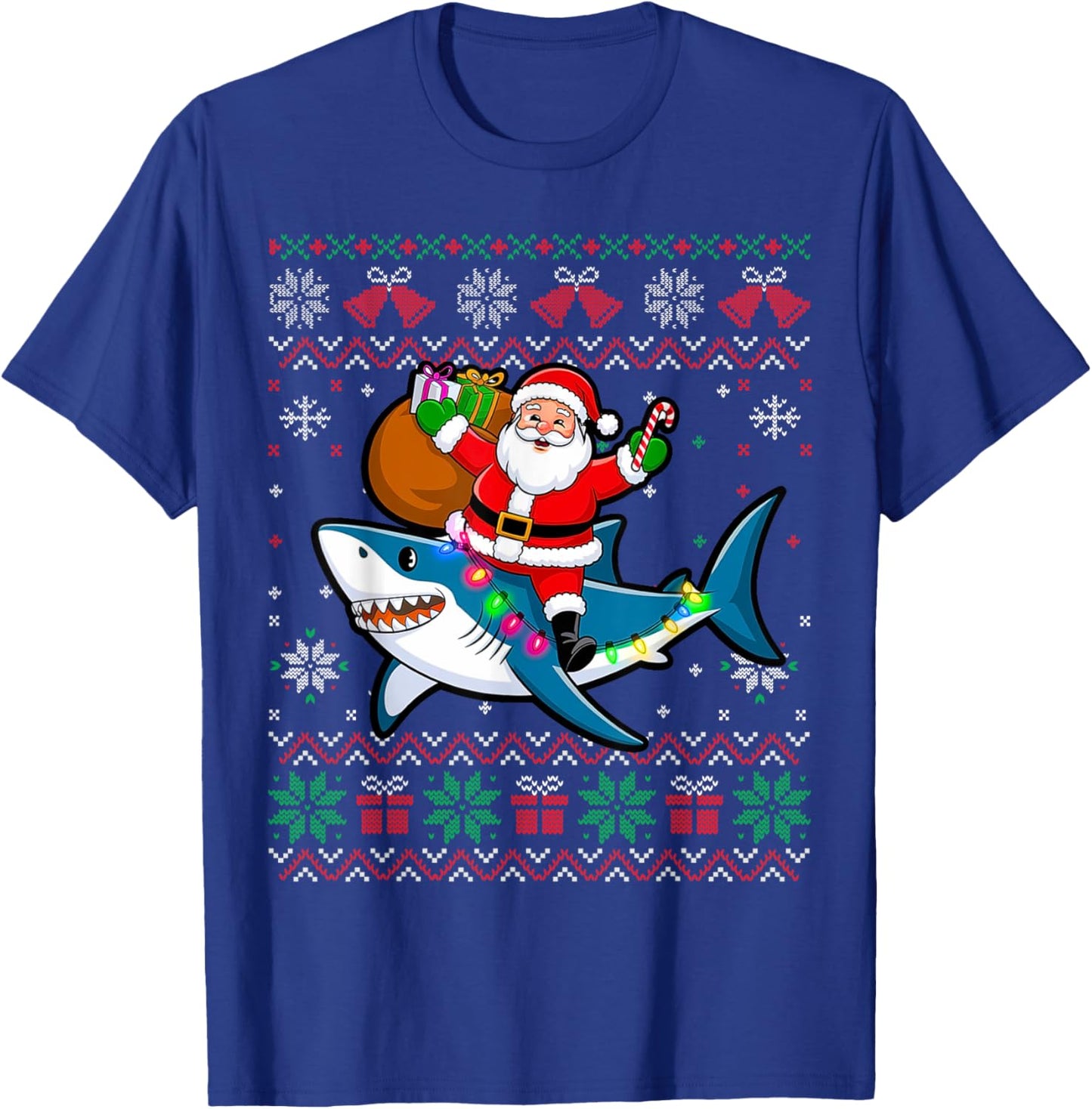 Funny Ugly Christmas Santa Riding Shark Holiday Gifts T-Shirt - T-Shirt | Royal