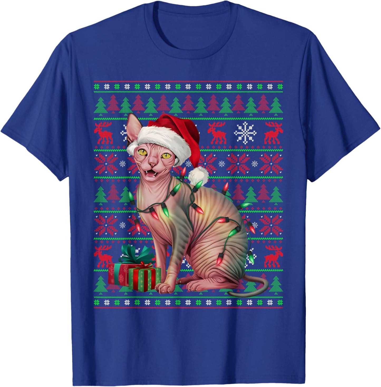 Sphynx Cat Xmas Lights Ugly Santa Hat Sphynx Cat Christmas Women Kids T-Shirt - T-Shirt | Royal