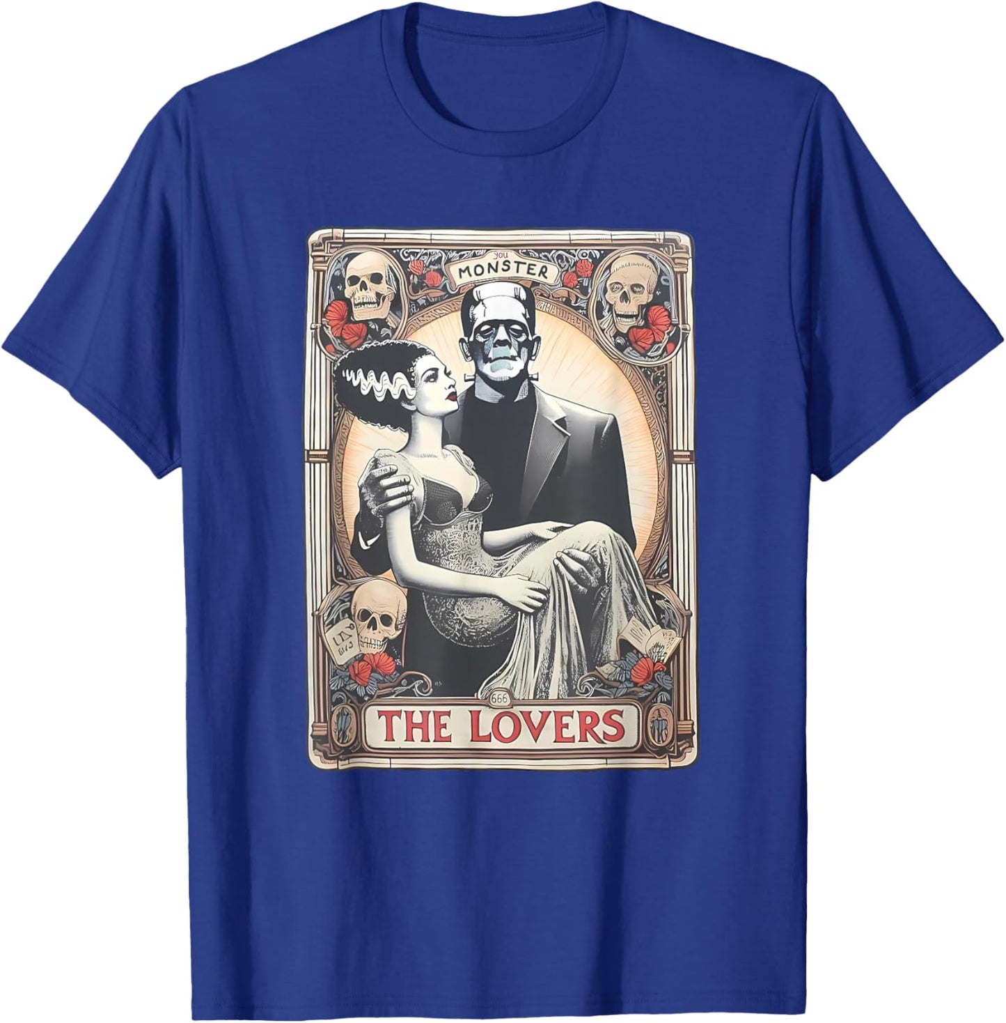 Retro Halloween Frankenstein Tarot Card - Adults - Black - Small - Short Sleeve - Regular Fit - Cotton 100%, Polyester Blend - Halloween, Retro, Couples, Tarot Card Fans T-Shirt - T-Shirt | Royal