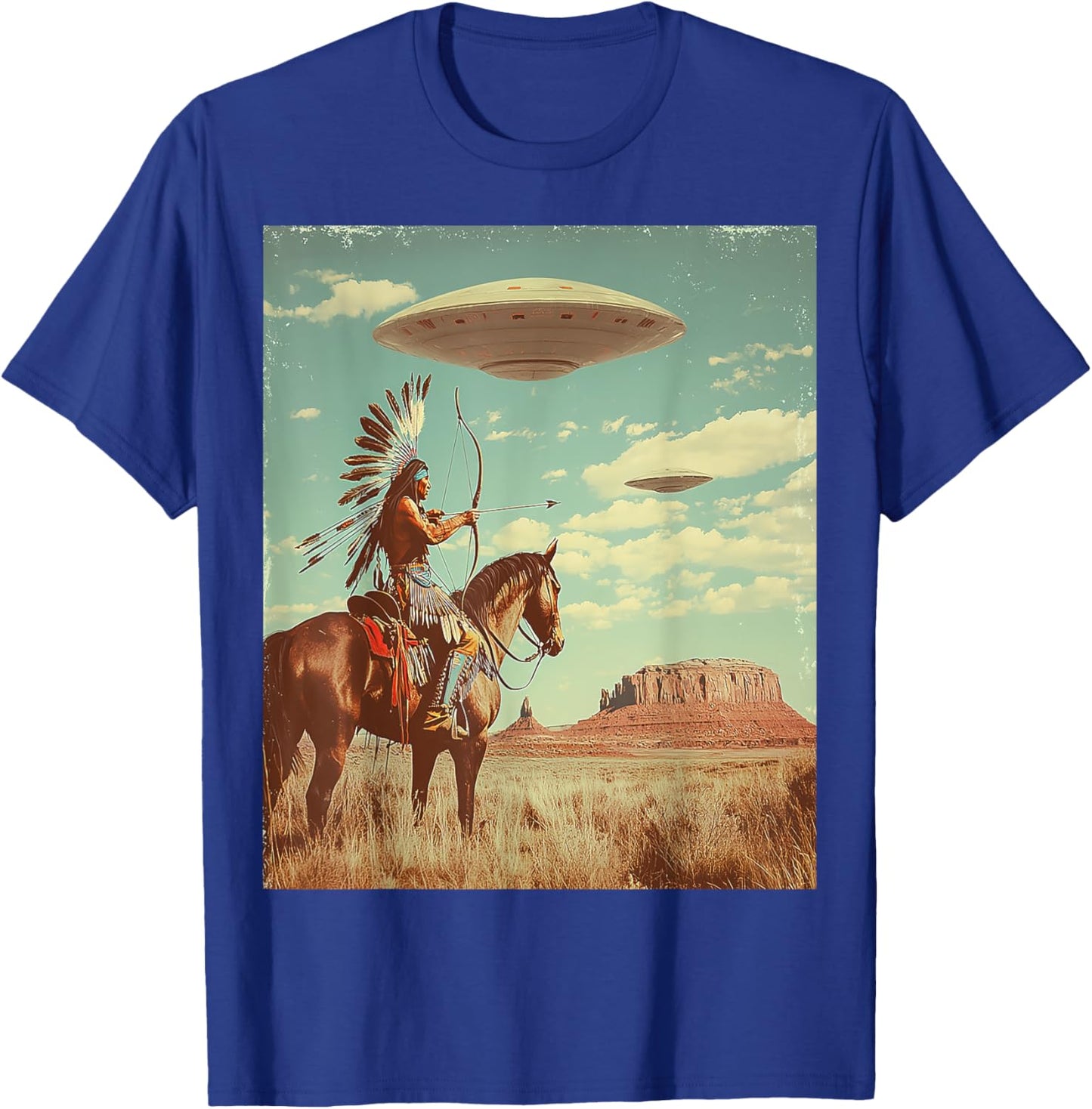 Retro Desert Indian Riding Horse Shooting Bow Arrow UFO Art T-Shirt - T-Shirt | Royal
