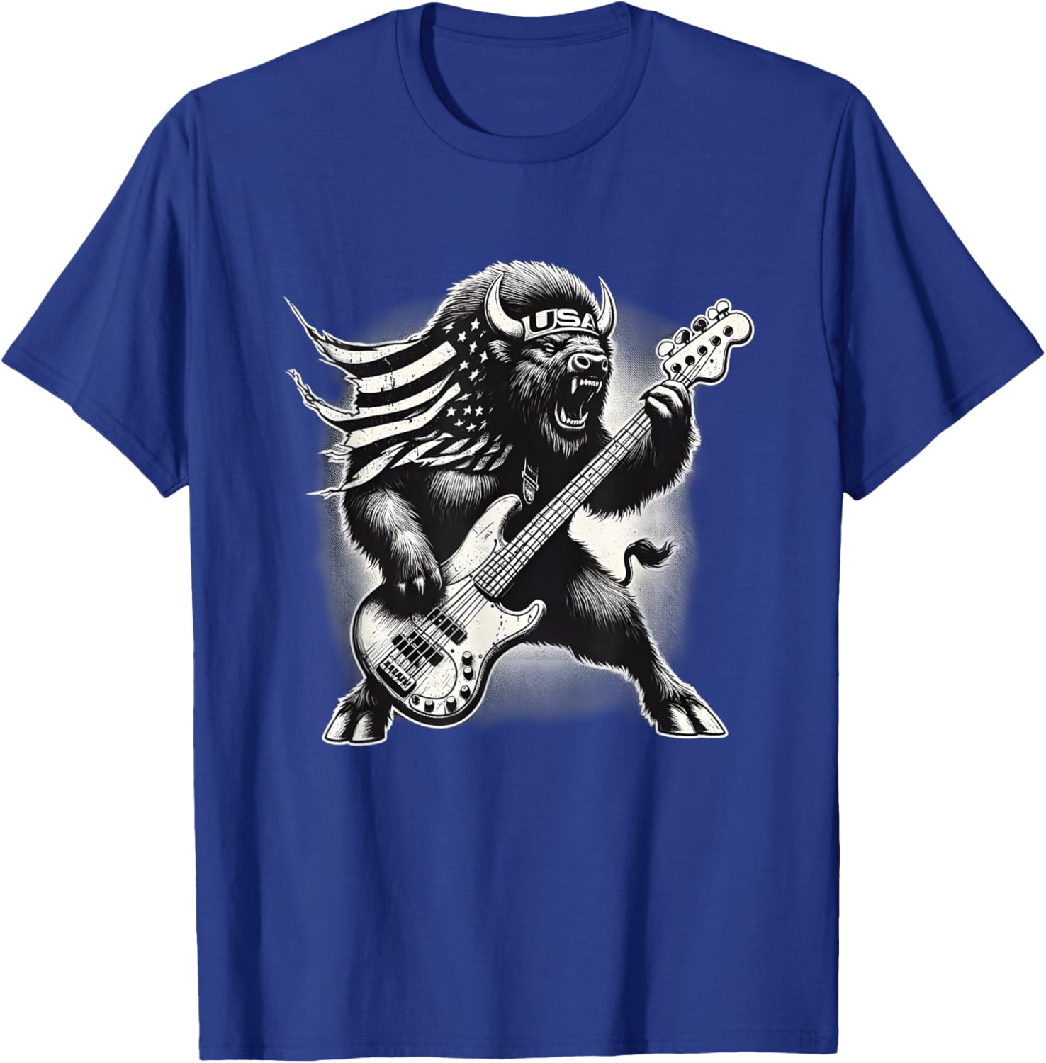Rock American Bison Playing Guitar Rock and Roll Buffalo T-Shirt - T-Shirt | Royal
