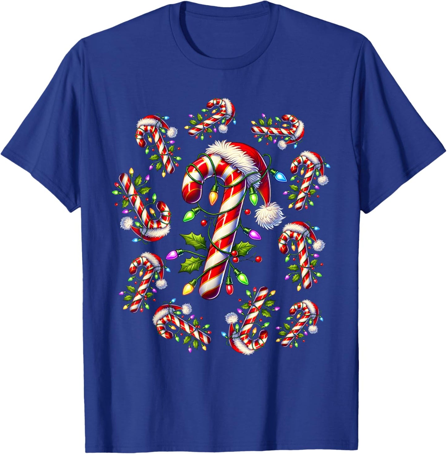 Red and White Candy Cane Santa Christmas Funny Xmas Lights T-Shirt - T-Shirt | Royal